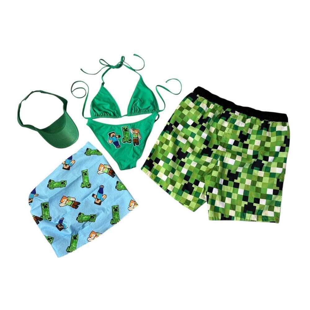 MINECRAFT Green Bikini Skirt Set With Visor Matching Men’s Swim Trunks S/L/XL - Picture 3 of 10